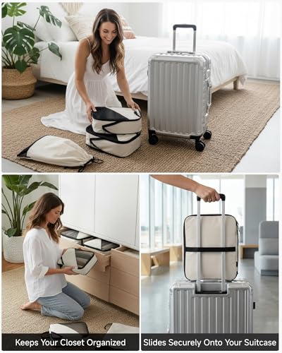 LUGGEX Compression Packing Cubes for Travel, 6 Set Lightweight Luggage Organizer Bags with Shoe Bag, Space Saving Suitcase Packing Cubes for Carry-On with Breathable Mesh, Double-Zipper (POX01, Beige) - size: 6 Set - 1 Xlarge & 2 Large Cubes