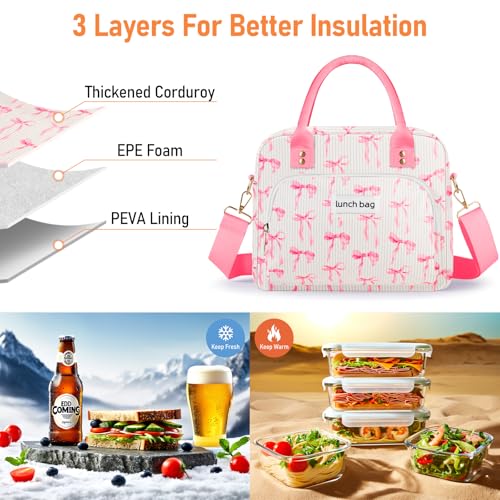 Lunch Bag Large Insulated Lunch Box for Women Adult Cute Pink Lunchbox Lunch Bags Boxes Pail with Shoulder Strap for Work Mom Picnic Office Travel 11.4×6.8×9.1 inches 11.5L (Pink Bow) - color: Pink Bow