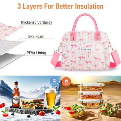 Lunch Bag Large Insulated Lunch Box for Women Adult Cute Pink Lunchbox Lunch Bags Boxes Pail with Shoulder Strap for Work Mom Picnic Office Travel 11.4×6.8×9.1 inches 11.5L (Pink Bow) - color: Pink Bow