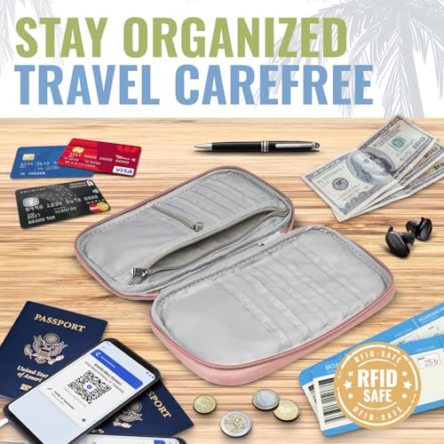 BOACAY Travel Document Organizer with RFID, Family Passport Holder, Wallet for Women & Men, Portable & Waterproof Case for Cards, Boarding Pass, Money - color: Dusty Rose