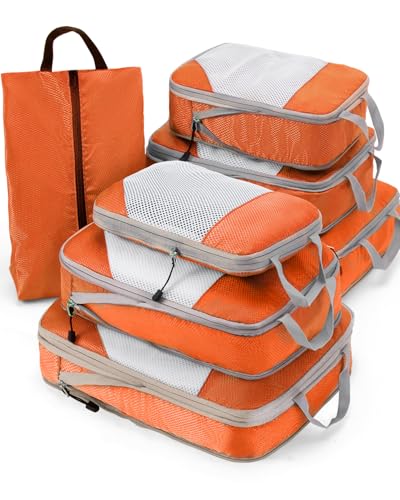Meowoo 7 Set Compression Packing Cubes for Travel, Durable Ripstop Mesh Suitcase Organizer with Shoe Bag, Ultralight & Expandable Space Saver Travel Cubes - color: Orange