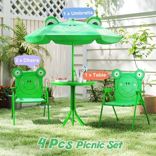 HONEY JOY Kids Picnic Table, Animal Themed Toddler Outdoor Table and Chair Set, 2 Folding Chairs & Removable Umbrella, Children Outdoor Furniture for Backyard Patio Garden (Green Frog) - color: Green Frog
