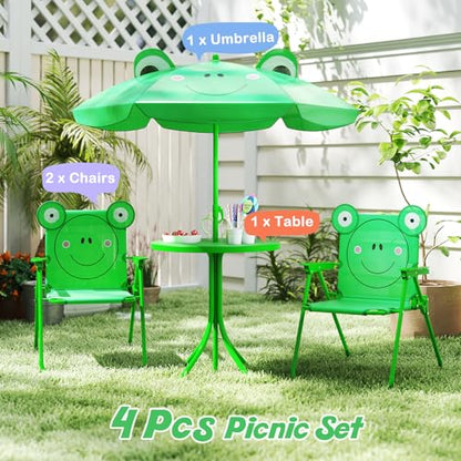 HONEY JOY Kids Picnic Table, Animal Themed Toddler Outdoor Table and Chair Set, 2 Folding Chairs & Removable Umbrella, Children Outdoor Furniture for Backyard Patio Garden (Green Frog) - color: Green Frog