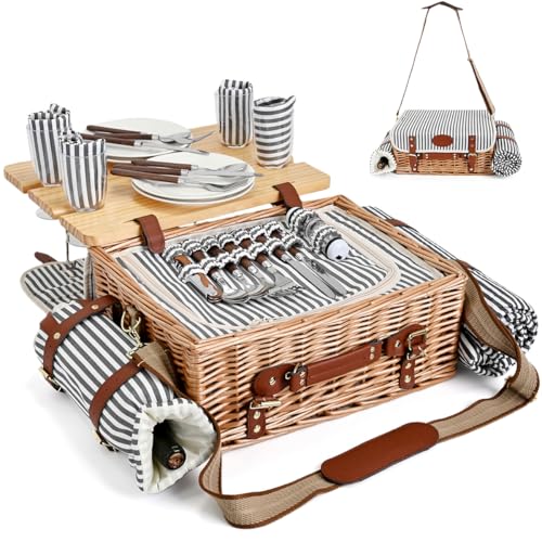 Multifunctional Wicker Picnic Basket Set for 4 with Blanket and Picnic Table, Insulated Picnic Set with Full Tablewares for Camping Outdoor Couples, Stripes - color: Stripes With Blanket &Table for 4