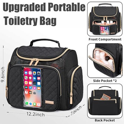 Large Toiletry Bag for Women Men,Bathroom Bag,Water Resistant Shower Bag,Makeup Bag,Toiletry Bags for Traveling,Hanging Toiletry Bag with Transparent Waterproof Phone Pocket (Black) - color: Black