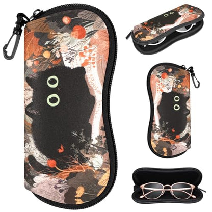 Sunglasses Case with Belt Clip, Ultra Light Neoprene Zipper Soft Padded Glasses Case for Women Men - color: Cute Black Kitty