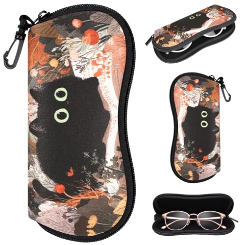 Sunglasses Case with Belt Clip, Ultra Light Neoprene Zipper Soft Padded Glasses Case for Women Men - color: Cute Black Kitty