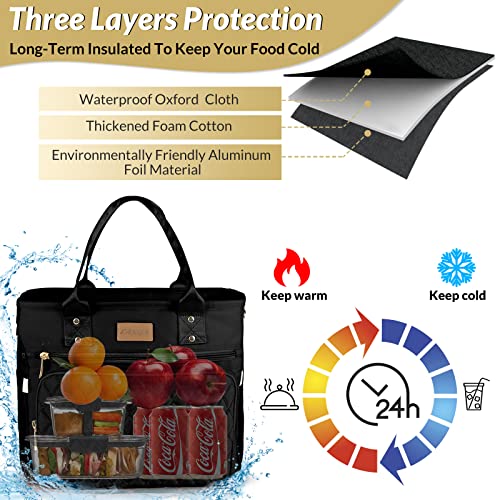EASYA Large Insulated Lunch Bag for Work, Women's Nylon Thermal Lunch Box, Leakproof Cooler Tote Bag with Storage Pocket (Black) - color: Newly upgraded Noir Black
