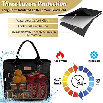 EASYA Large Insulated Lunch Bag for Work, Women's Nylon Thermal Lunch Box, Leakproof Cooler Tote Bag with Storage Pocket (Black) - color: Newly upgraded Noir Black