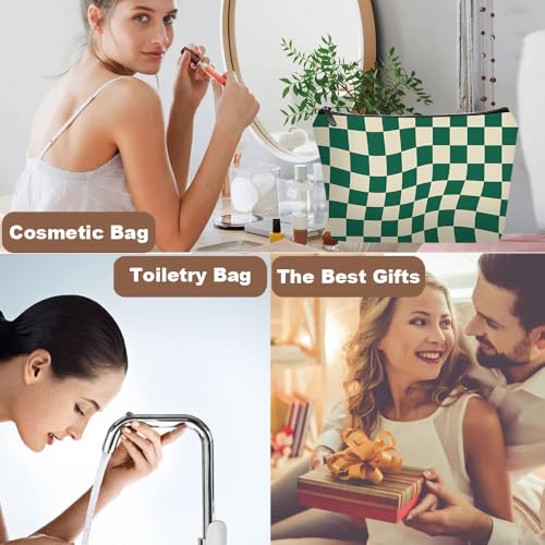 Green Checkered Gifts for Women – Unique Green Plaid Travel Makeup Bag Set with Mirror, Cosmetic Pouch Set for Checkered Lovers & Mom - color: Checkered Green-2S