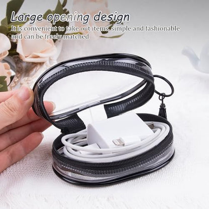 4Pcs Multi-Purpose Clear Cable Storage Bag with Hanging Hook Portable Transparent Zipper Pouch Travel Clear Cosmetic Bag for Cables Headphones Keys Mini Lipsticks
