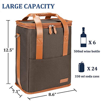 Tirrinia 6 Bottle Wine Gift carrier - Insulated & Padded Wine Carrying Cooler Tote Bag with Handle and Adjustable Shoulder Strap for Travel or Picnic, IDEAL Wine Lover Gift, Brown - color: Brown