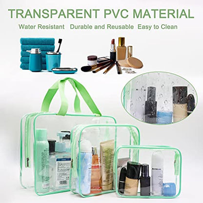 APREUTY Clear Makeup Bags, TSA Approved 6 Pcs Cosmetic Makeup Bags Set Clear PVC with Zipper Handle Portable Travel Luggage Pouch Airport Airline Vacation Organization (Green) - color: Green-6PCS (Large+Medium+Small)