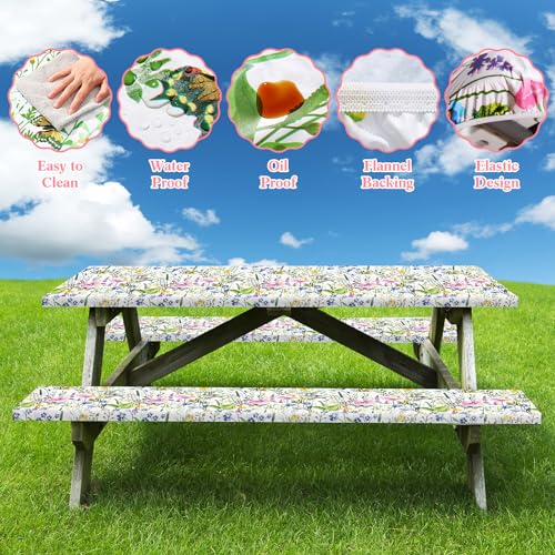 Boao 3 Pcs Vinyl Picnic Table Cover with Bench Cover 6 ft 30 x 72 Inch Waterproof Fitted Tablecloth Flannel Backing Rectangular Elastic Edged for Camping Outdoor Patio Travel(Wildflower) - color: Wildflower