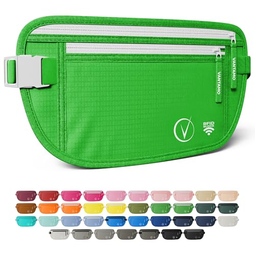 Vantamo Money Belt with RFID For Men & Women, Hidden Passport Holder for Travel, 2 Compartment Travel Fanny Pack for Women Anti Theft - color: Clover & White