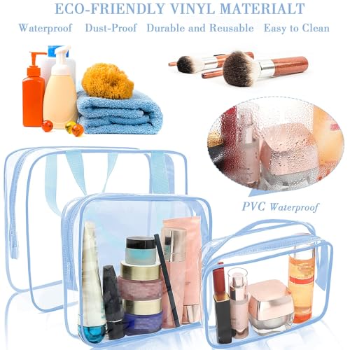 APREUTY Clear Makeup Bags, TSA Approved 6 Pcs Cosmetic Makeup Bags Set Clear PVC with Zipper Handle Portable Travel Luggage Pouch Airport Airline Vacation Organization (Haze Blue) - color: Haze Blue-6PCS (Large+Medium+Small)