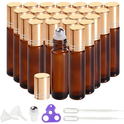 PrettyCare 24 Pack, 10 ml Essential Oil Roller Bottles with Stainless Steel Roller Ball - Refillable Leak-proof Empty Thick Amber Glass Roll on Bottles with Metal Caps for Travel, Perfume - color: Amber with Golden Cap, size: 24 Pack