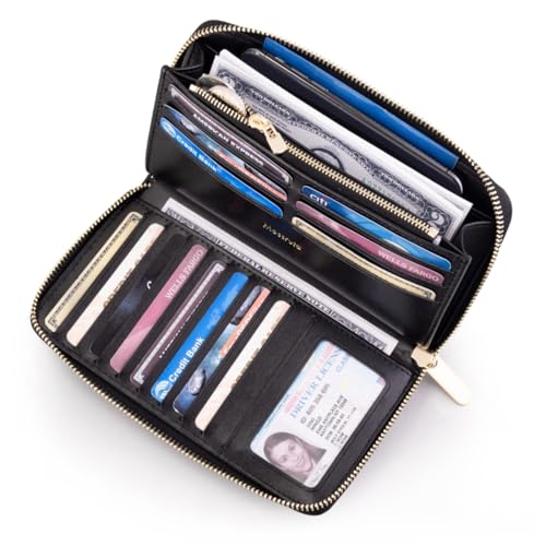 Luxury Real Leather Zip Around Travel Wallet | Large Capicity Card Holder Organizer | Classic Phone Clutch for Men Women (Black - Saffiano Leather) - color: Black - Saffiano Leather