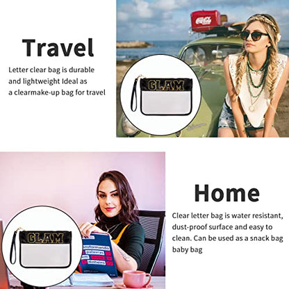 Iqimott Chenille Letter Bag Clear Flat Pouch, Monogram Glitter Letter Patch Makeup Cosmetic Bag Zipper Toiletry Pouch, Portable Travel Beach Snack Wristlet Bag for Women Girls(Black) - color: Glam-Black