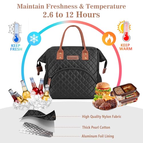 LOKASS Lunch Bag Insulated Lunch Box Wide-Open Lunch Tote Bag with Removable Shoulder Strap for Women/Men Adults Work Picnic Hiking Beach Fishing(Black) - color: Suqare Black-Starps