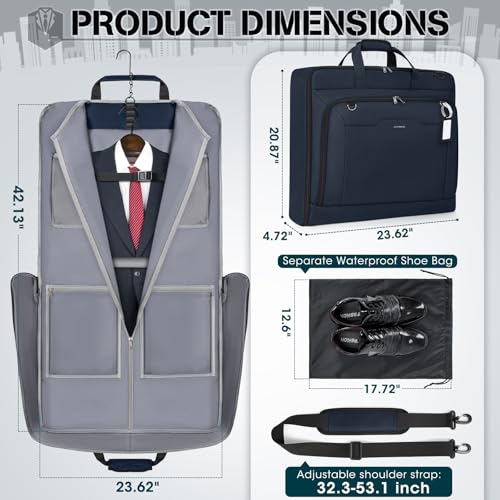 RAINSMORE Garment Bags for Travel Carry On Garment Bag for Hanging Clothes, Suit Bag for Business Trips with Shoes bag & Shoulder Strap, Waterproof Foldable Suit Luggage Bag for Men Women, Blue - color: Blue