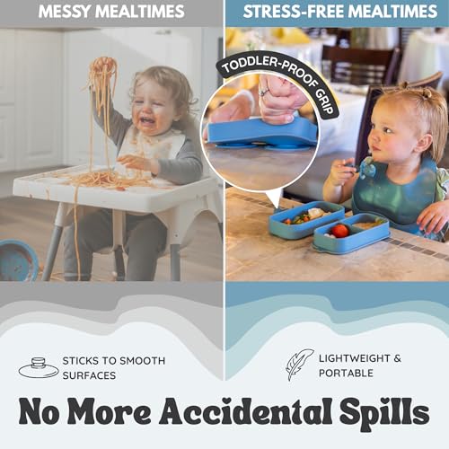 Baby Travel Essentials 6 Pc Silicone Feeding Set - Portable Toddler Plates with Suction, Baby Spoons & Foldable Bib in Carrying Case - BPA-Free Infant & Toddler Utensils for Airplanes & Eating Out - color: Dark Blue