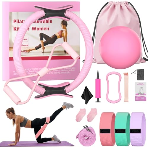 16 Pack Pilates Starter Kit for Women, Home Pilates Essentials Equipment Ring and Ball Set, Fabric Booty Bands, Guide, Pilates Workout Kit for Beginners at Gym Studio Travel