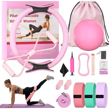16 Pack Pilates Starter Kit for Women, Home Pilates Essentials Equipment Ring and Ball Set, Fabric Booty Bands, Guide, Pilates Workout Kit for Beginners at Gym Studio Travel