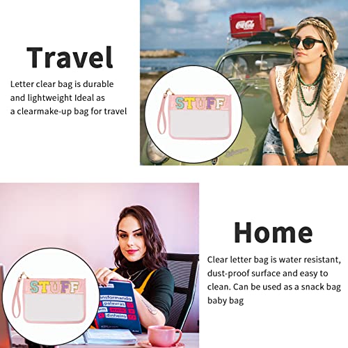 Iqimott Chenille Letter Stuff Bag Clear Flat Pouch, Monogram Glitter Letter Patch Makeup Cosmetic Bag Zipper Toiletry Pouch, Portable Travel Beach Snack Wristlet Bags for Women Girls(Stuff, Pink) - color: Stuff-Pink