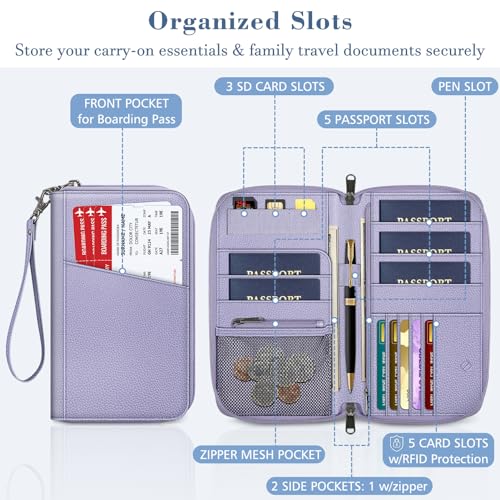 Fintie Family Passport Holder Wallet, RFID Blocking Travel Document Organizer Clutch Bag Credit Cards Case Cover for Women Men - color: Lilac Purple
