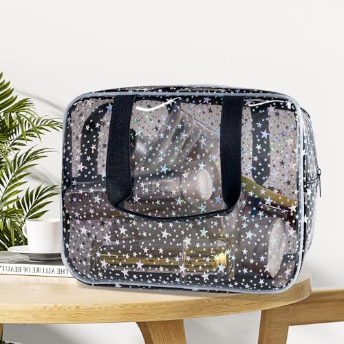 Black Holographic Star Cosmetic Bag for Women 11.8x5.1x8.2 Inches Portable Travel Toiletry Bag with Handles,Durable PVC Material,Zipper Design-Ideal Large Clear Makeup Organizer - color: Gray