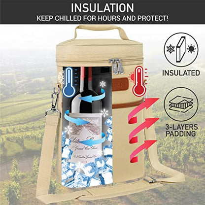 opux 2 Bottle Wine Carrier Tote, Insulated Leakproof Wine Cooler Bag, Wine Travel Bag Tote for Picnic Beach, Portable Wine Bottle Carrying Case, Gift for Wine Lover Women Men Christmas, Cream Beige - color: Cream Beige