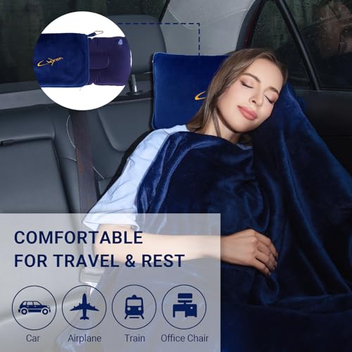 Travel Blanket & Pillow Set, 300 GSM Soft Fleece, 60x43 Inches, 3-in-1 Airplane Blanket, Travel Pillow and Blanket Set, Travel Blanket Airplane Compact with Bag, Travel Essentials, Navy - color: Navy