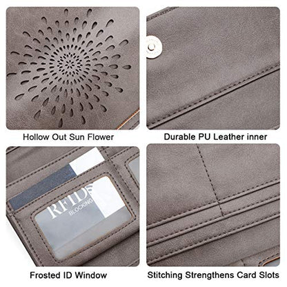 APHISON Womens Wallets RFID Blocking Leather Clutch Long Wallet for Women Card Holder Phone Organizer Ladies Travel Purse Hollow Out Sunflower Design Gift - color: dark-gray