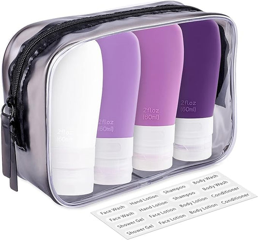 INSFIT Travel Bottles for Toiletries, TSA Approved 3oz Travel Size Containers, BPA Free Leak Proof Squeezable Silicone Tubes for Shampoo Conditioner Lotion Body Wash with Labels - color: Purple 2oz, size: 2 Ounce