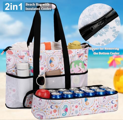 JIANYA Beach Bag Women Waterproof Sandproof Beach Tote Bags with Cooler Top Zipper Large Totes for Pool Travel Daily - color: Ocean Party-beige