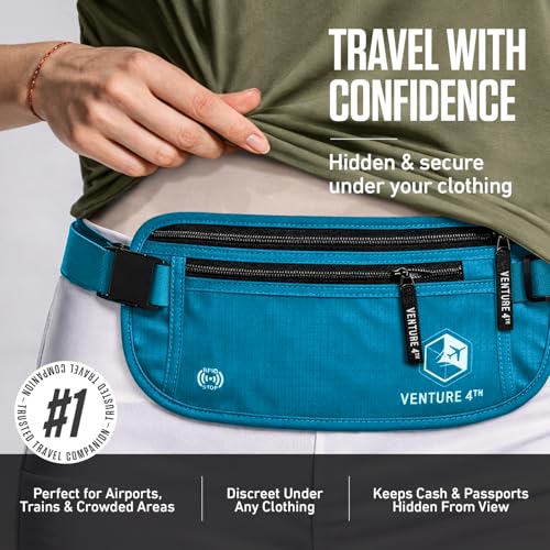 VENTURE 4TH Money Belt for Travel – Slim Hidden Under-Clothes RFID Blocking Anti-Theft Passport Holder & Travel Wallet Pouch for Men & Women to Protect Cash, Cards & Documents (Blue) - color: Blue
