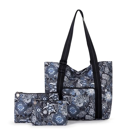 Sakroots On the Go 4 Piece Travel Bundle, Includes 21" Rolling Suitcase, Packable Large Tote, Medium & Small Pouches - color: Midnight Seascape