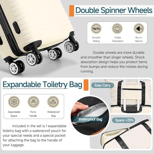 Hoteel Luggage Sets 5 Piece, 4-Year Warranty, Durable Suitcase Set with Spinner Wheels, 100% PC Hard Shell Lightweight Luggage with TSA Lock, Large Checked Travel Suitcases, Beige(20/24/28/DB/TB) - color: Beige, size: 20/24/28/TB/（DB/BP）