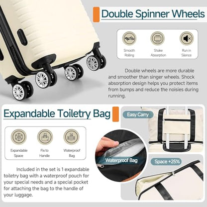 Hoteel Luggage Sets 5 Piece, 4-Year Warranty, Durable Suitcase Set with Spinner Wheels, 100% PC Hard Shell Lightweight Luggage with TSA Lock, Large Checked Travel Suitcases, Beige(20/24/28/DB/TB) - color: Beige, size: 20/24/28/TB/（DB/BP）