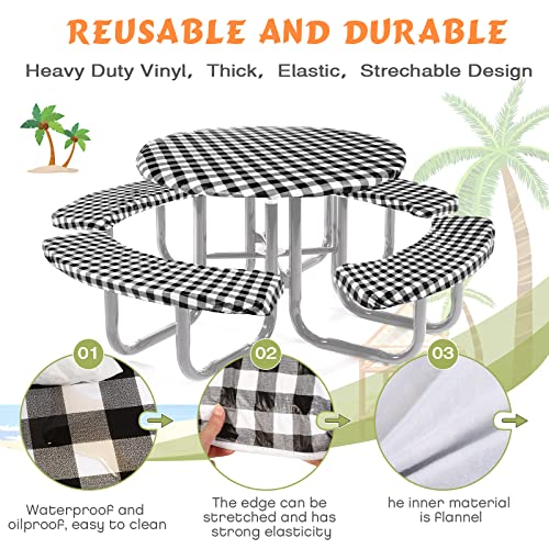 Moukeren Round Picnic Table Cover with Bench Cover Vinyl Fitted Picnic Tablecloth Round Waterproof Wipeable Table Cover with Elastic Edge for Camping Outdoor Patio, Black and White Grid,5 Piece Set
