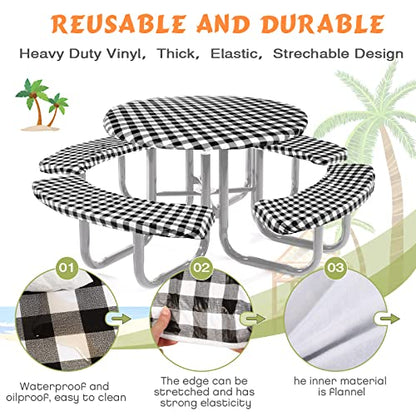 Moukeren Round Picnic Table Cover with Bench Cover Vinyl Fitted Picnic Tablecloth Round Waterproof Wipeable Table Cover with Elastic Edge for Camping Outdoor Patio, Black and White Grid,5 Piece Set