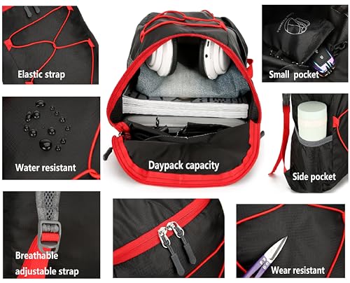 levayhill 16L Foldable Hiking Backpack,Small Packable Daypack,Black+Red | Lightweight ,Outdoor Collapsible Rucksack,Ultralight Folding Back Pack, Water Repellent, Men Women Travel Gym, Easy Carry-on - color: Black+red