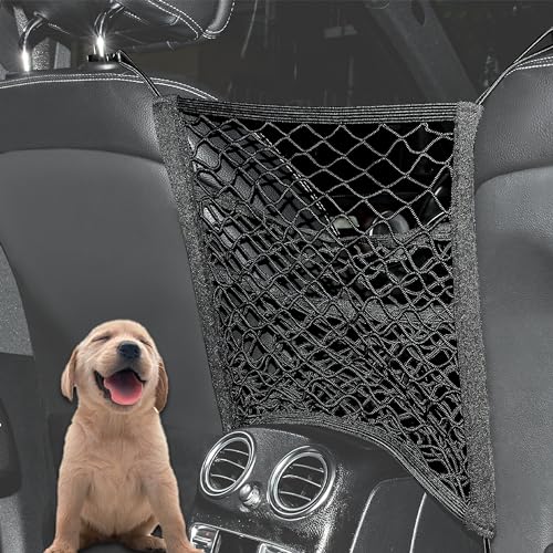 3-Layer Car Mesh Organizer Storage Bag Between Front Seats Kid Dog Pet Net Barrier Car Net Pocket Elastic Tissue Purse Holder Netting Pouch for SUV, Truck, Van 15.7" x 13.7" - size: 15.7 x 13.7 inch
