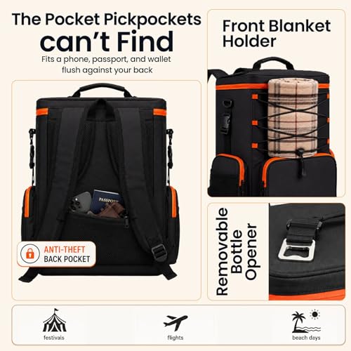 35L Insulated Cooler Backpack (35 Cans) - Leakproof Soft Sided Backpack Cooler with Anti-Theft Pocket & Bottle Opener for Beach, Camping, Hiking & Travel