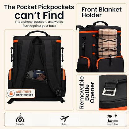 35L Insulated Cooler Backpack (35 Cans) - Leakproof Soft Sided Backpack Cooler with Anti-Theft Pocket & Bottle Opener for Beach, Camping, Hiking & Travel