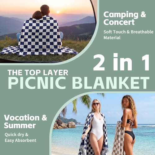 2 in 1 Extra Large Boho Beach Blanket Towel Giant Woven Outdoor Rug Picnic Mat Camping Gear Cruise Essential 2026 Summer Vacation Must Have Airplane Travel Accessories Costa Bahamas Hawaii Trip Stuff - color: Checkered Blue