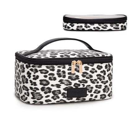Montana West X Wrangler Travel Makeup Bag 2pcs Set Large Cosmetic Bag with Makeup Brush Holder Portable Make Up Organizer Cute Toiletry Bag with Divider and Handle for Women Leopard - color: Leopard-Black