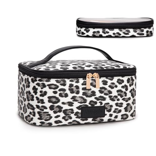 Montana West X Wrangler Travel Makeup Bag 2pcs Set Large Cosmetic Bag with Makeup Brush Holder Portable Make Up Organizer Cute Toiletry Bag with Divider and Handle for Women Leopard - color: Leopard-Black