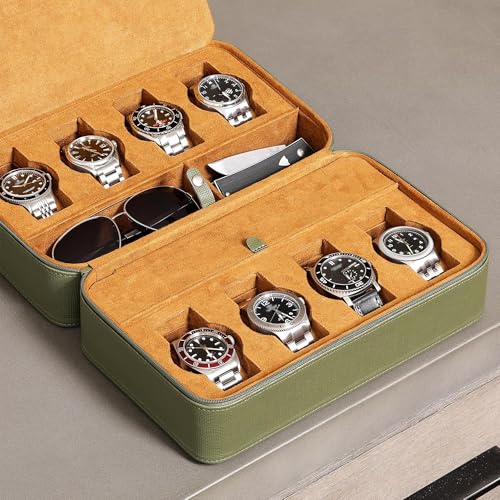 ROTHWELL 8 Watch Travel Case Storage Organizer for 8 Watches, Sunglasses, Rings & Cufflinks |Tough Portable Protection with Zipper Fits Most Wristwatches & Smart Watches Up to 50mm (Green/Tan) - color: Green/Tan